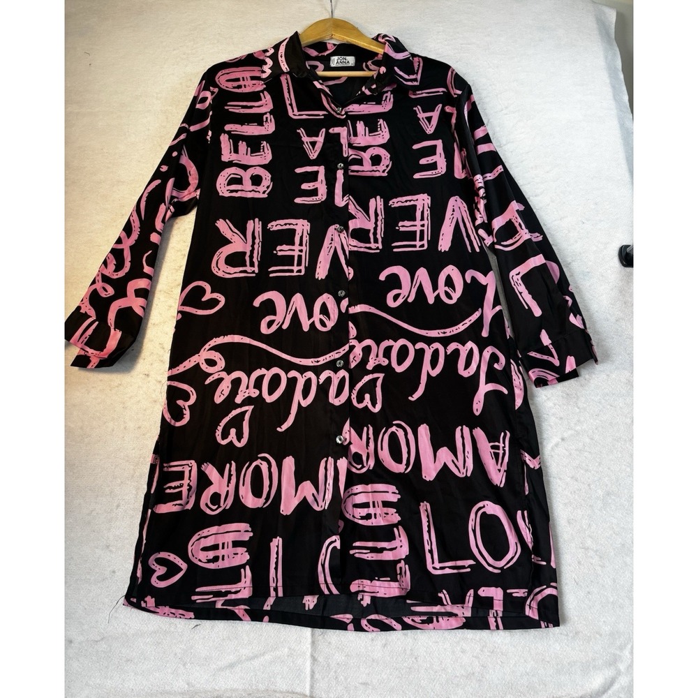 Jon & Anna Button Up Silky Shirt Dress Size M Black/Pink Artsy Love 💕 Valentine